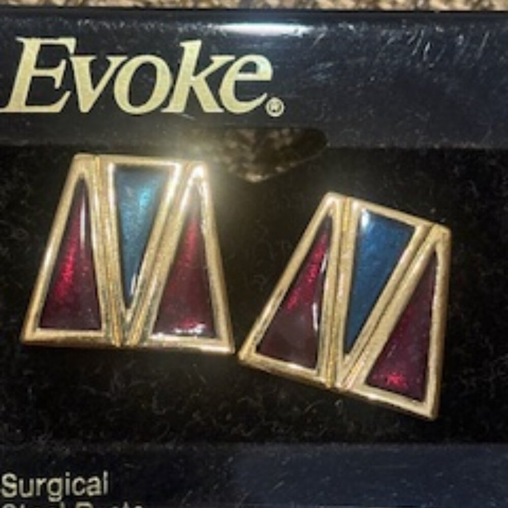 vintage, Evoke pierced earrings- Burgundy and black enamel-Triangle shaped